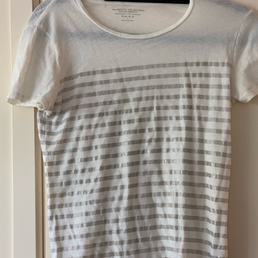 Majestic tee white w silver stripes cotton & cashmere yummy